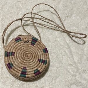Handcrafted Round Straw Bag - Tan, Green, Purple